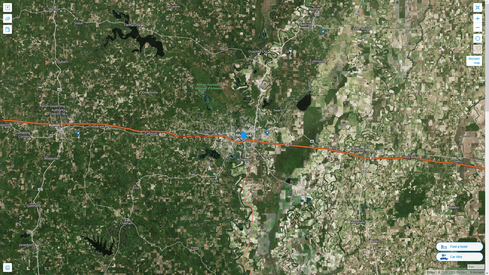 Monroe Louisiana Highway and Road Map with Satellite View